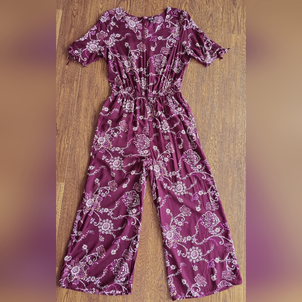 Womens Floral Burgundy Jumpsuit Spring Summer Vacation Resort Wear.